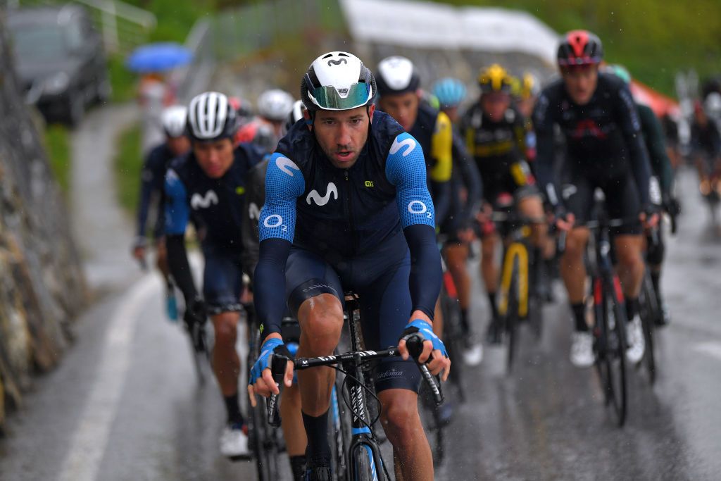THYON 2000 LES COLLONS SWITZERLAND MAY 01 Davide Villella of Italy and Movistar Team lead The Peloton during the 74th Tour De Romandie 2021 Stage 4 a 1613km stage from Sion to Thyon 2000 Les Collons 2076m TDR2021 TDRnonstop UCIworldtour on May 01 2021 in Thyon 2000 Les Collons Switzerland Photo by Luc ClaessenGetty Images