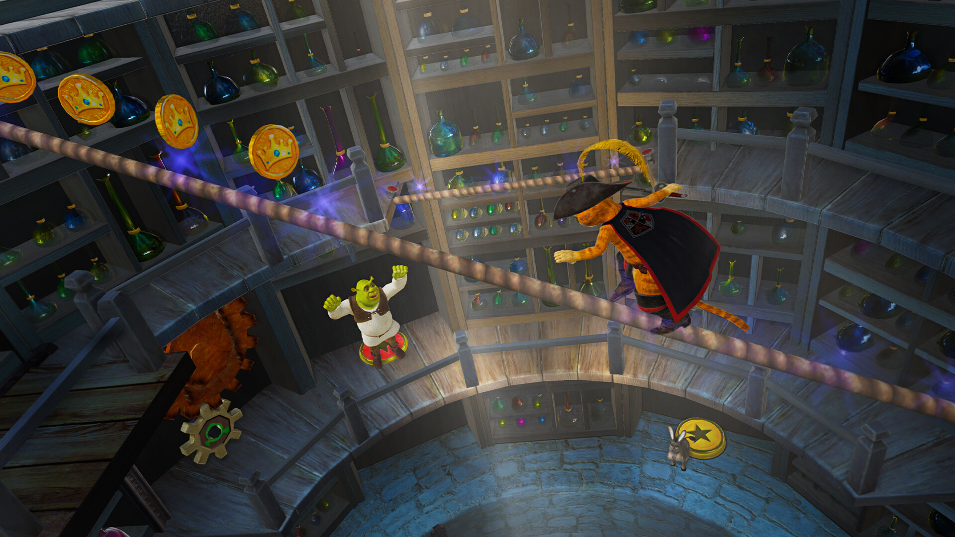 Puss in Boots walks over a tightrope to collect coins as Shrek and Donkey watch below in Shrek 2 Remastered
