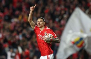 Darwin Nunez celebrates, having scored against Liverpool in the Champions League