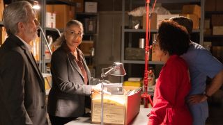 Vera speaking with Parker, Kasie and Jimmy in NCIS evidence room