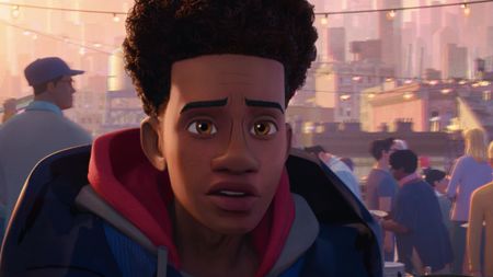 Miles talking to his parents on the roof in Across the Spider-Verse.