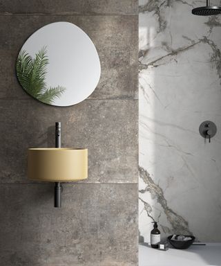 concrete effect wall tiles with yellow wall mounted basin