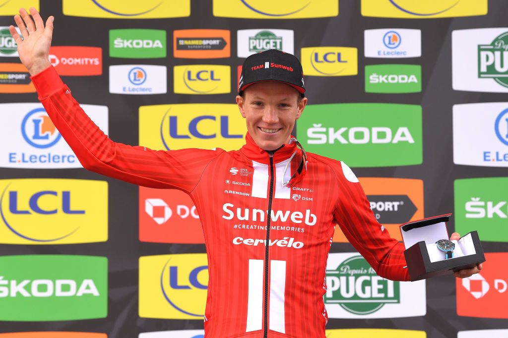 SAINTAMANDMONTROND FRANCE MARCH 11 Podium Sren Kragh Andersen of Denmark and Team Sunweb Celebration during the 78th Paris Nice 2020 Stage 4 a 151km Individual Time Trial from SaintAmandMontrond to SaintAmandMontrond ITT ParisNice parisnicecourse PN on March 11 2020 in SaintAmandMontrond France Photo by Luc ClaessenGetty Images