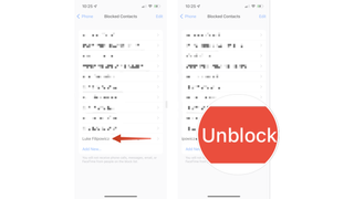 A screenshot of an iphone screen showing the process of unblocking a contact