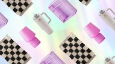 Checkerboard rug, Stanley Cup water bottle, hot pink lamp, purple plastic crate