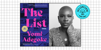 The List book cover with headshot of Yomi Adegoke overlaid grid background with blue ReadWithMC stamp