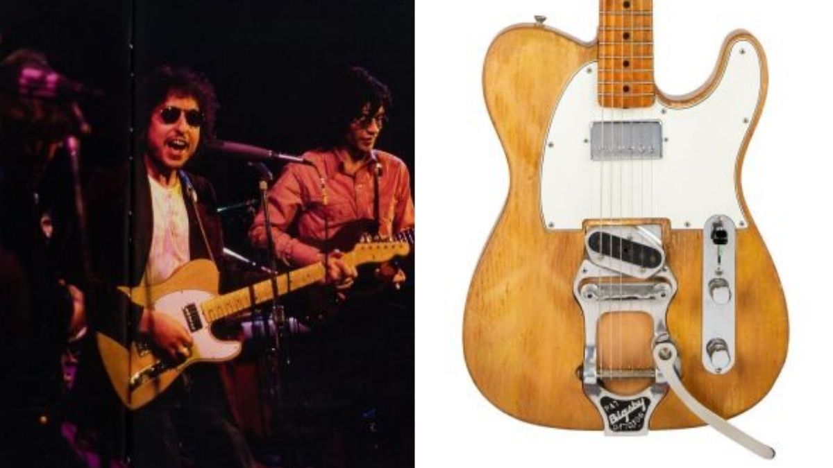 Bob Dylan plays Robbie Robertson’s 1965 Fender Telecaster (left), the 1965 Fender Telecaster in question