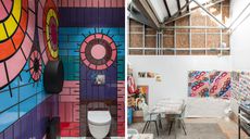 Left, colourfully tiled toilets are a permanent installation at Studio Voltaire. Right, artist studio ActionSpace studio at Studio Voltaire