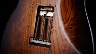 A detail of the trem cavity of the ‘furniture polish’ 1954 Strat prototype reveals how tightly fitted this test guitar’s vibrato was