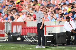 Manchester United manager Erik ten Hag reacts during the Premier League match between Brentford FC and Manchester United at Brentford Community Stadium on August 13, 2022 in Brentford, England.