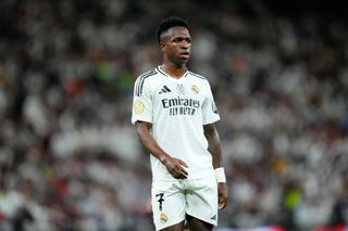 Vinicius Junior left winger of Real Madrid and Brazil during the Spanish Super Cup final match between Real Madrid and FC Barcelona at King Abdullah Sports City on January 12, 2025 in Jeddah, Saudi Arabia. (Photo by Jose Breton/Pics Action/NurPhoto via Getty Images)