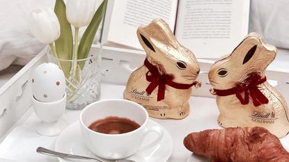 easter egg deals - two chocolate bunnies on a breakfast tray