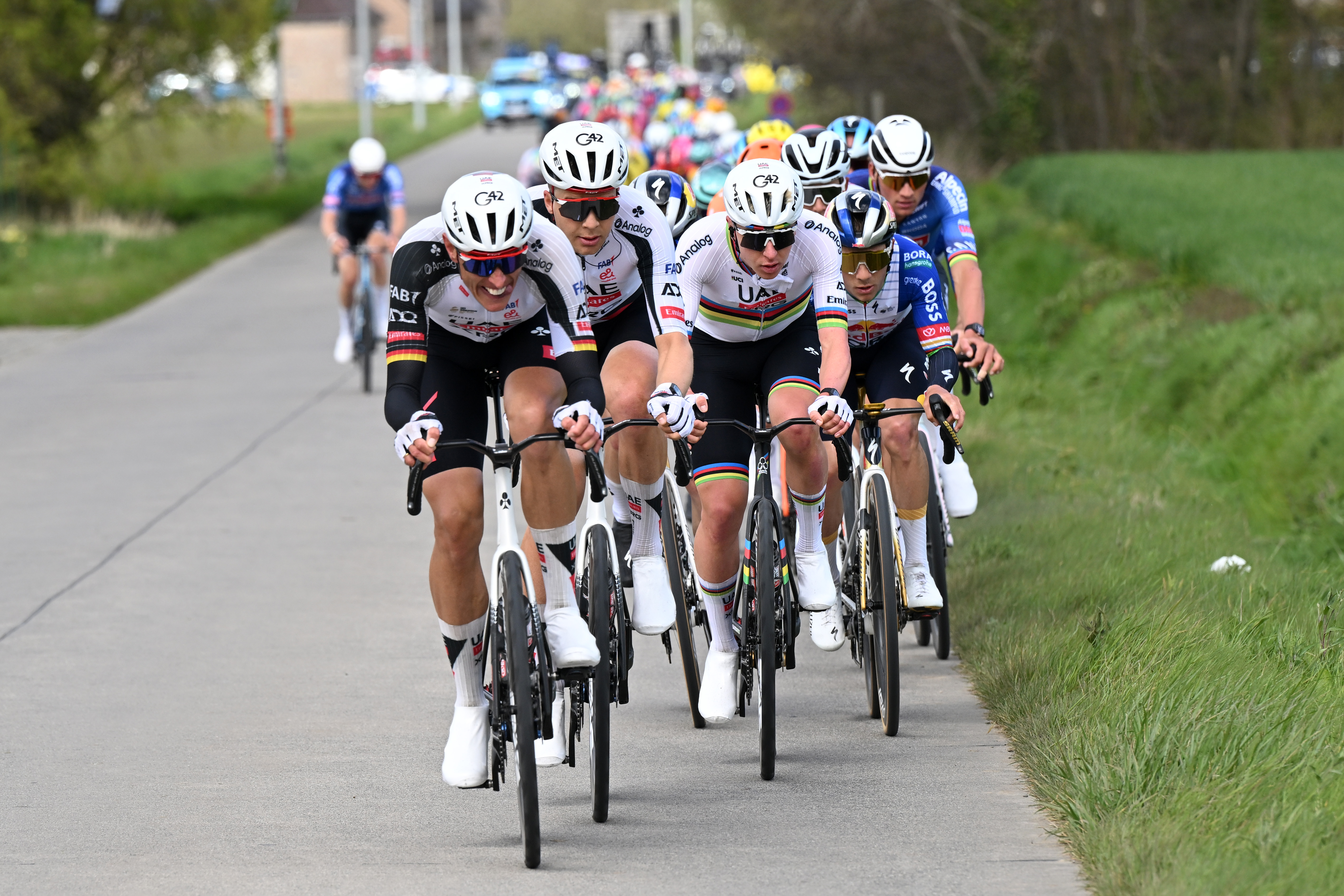 Nils Politt on the front of the main bunch during the Tour of Flanders