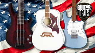 Three guitars with an American flag in the background