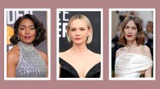 Angela Bassett, Carey Mulligan and Alexa Chung pictured with a variation of bob trends /in a mauve template