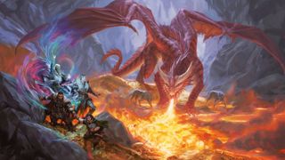A dragon spews fire at adventurers stealing from its treasure hoard in artwork from The Practically Complete Guide to Dragons
