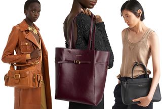 A collage of women holding designer handbags, including Chloe's tan camera bag, a burgundy Givenchy tote bag in burgundy, and a black Prada bag.