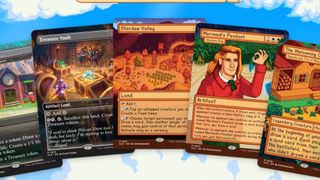 Some of Magic: The Gathering's Stardew Valley cards, including Treasure Vault, Mermaid's Pendant, and Stardew Valley itself