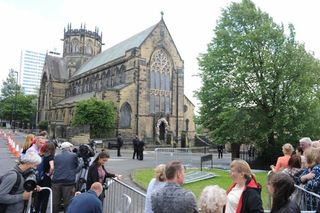 Crowds gathering outside the church to get a glimpse of the wedding of Declan Donnelly and Ali Astall in Newcastle.