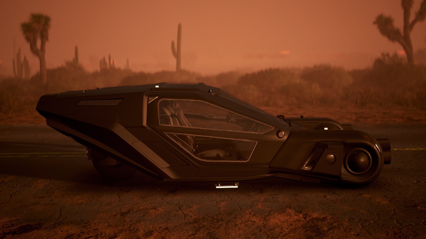 Blade Runner Spinner photographed in desert outskirts of night city