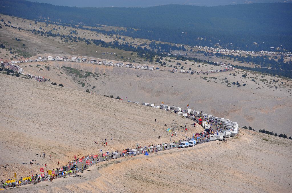 The 'moon like' upper slopes of Mont Ventoux is packed with camper vans