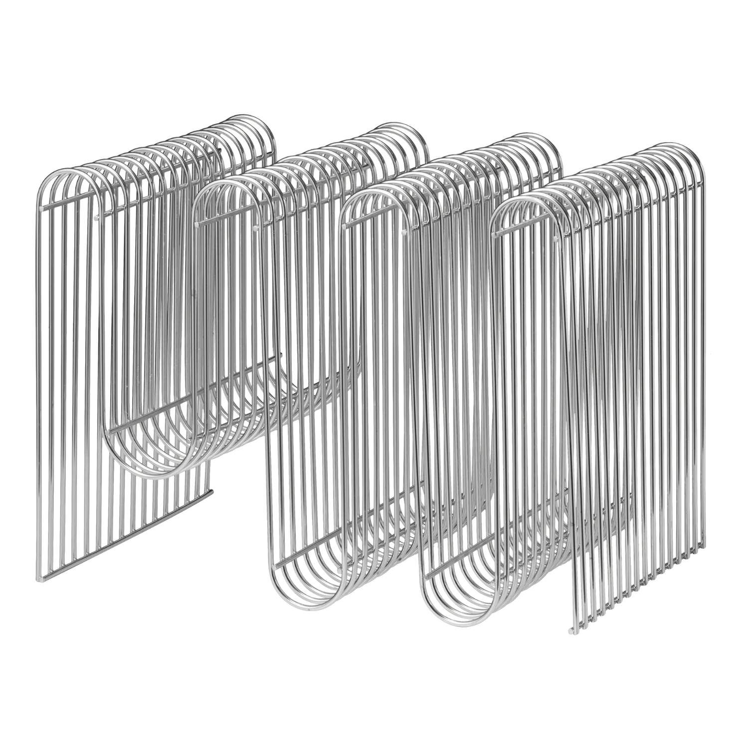 A curved silver metal magazine stand