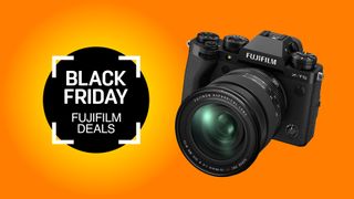 Fujifilm Black Friday banner image with X-T5 camera and orange background