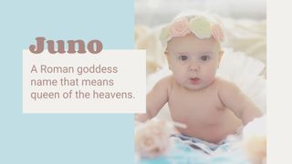 blue infographic with a baby in a flower crown illustrating cool baby names Juno