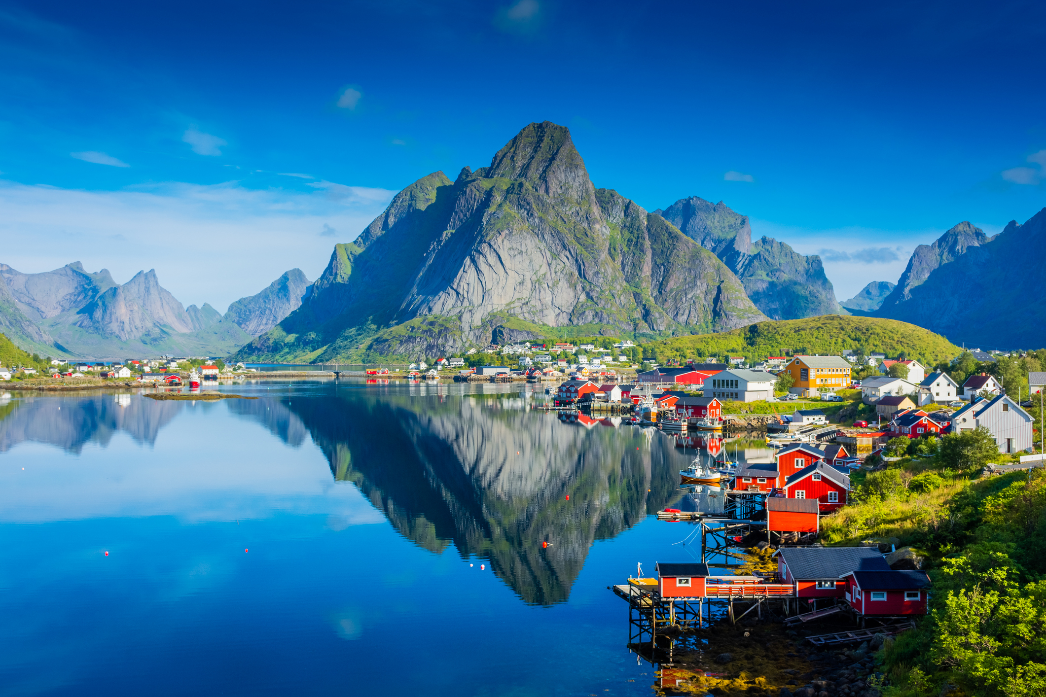 Reine village on the water of the fjord in the Lofoten Islands, Norway