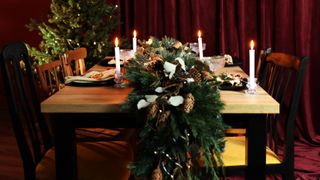 picture of table with Christmas garland on it