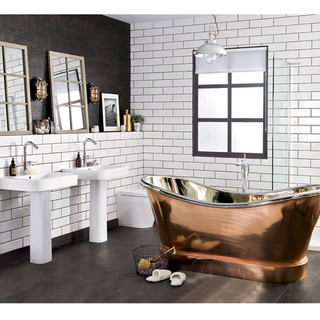 white monochrome wall bathroom with copper colour bathtub