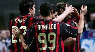 Ronaldo celebrates a goal with his AC Milan team-mates against Empoli in April 2007.