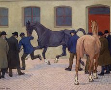 Showing at Tattersalls, about 1919, oil on canvas, 22¾in by 28in, by Robert Polhill Bevan (1865–1925).