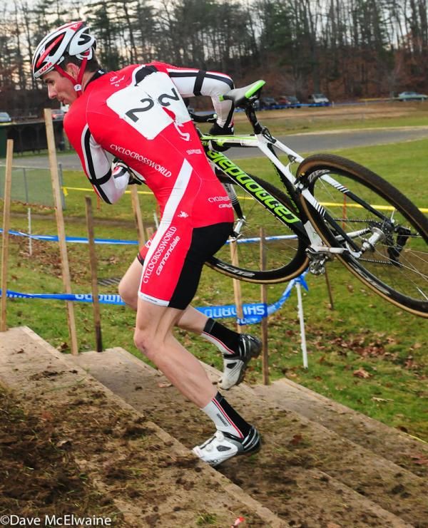 Dylan McNicholas (Cyclocrossworld.com) caught his bike on course tape and almost lost hold of his bike