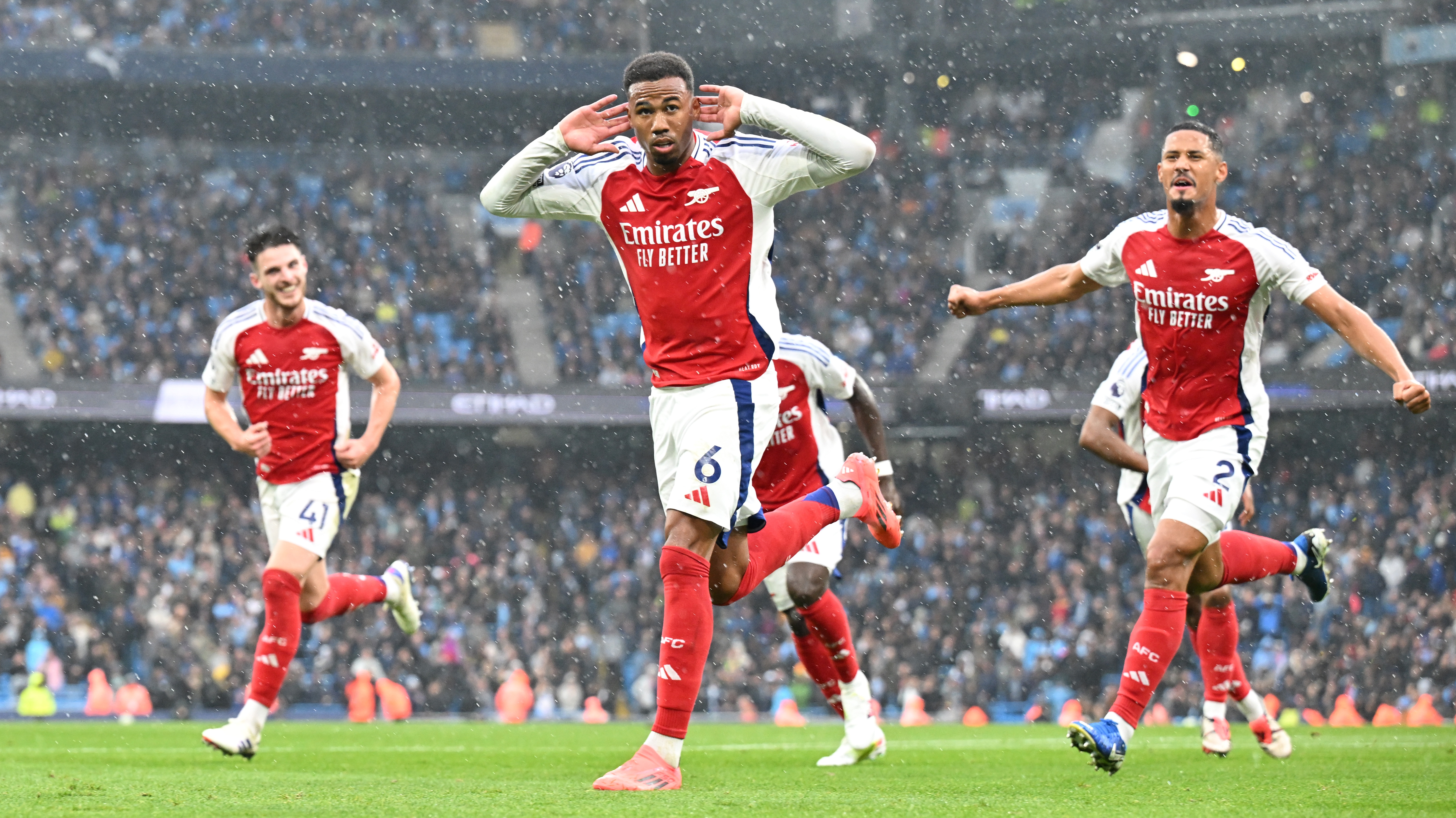 Gabriel of Arsenal celebrates scoring his team&#039;s second goal during the Premier League match between Manchester City FC and Arsenal FC at Etihad Stadium on September 22, 2024 in Manchester, England.