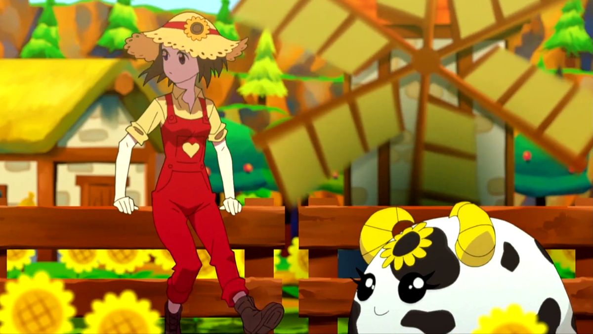 Ova Magica reveal trailer screenshot showing a young female farmer with a straw hat and short hair resting against a wooden fence while a cow-like blob stands nearby