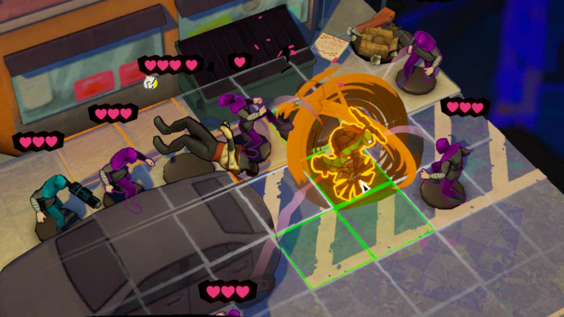 Mikey spins nunchucks to move through enemies in Teenage Mutant Ninja Turtles: Tactical Takedown