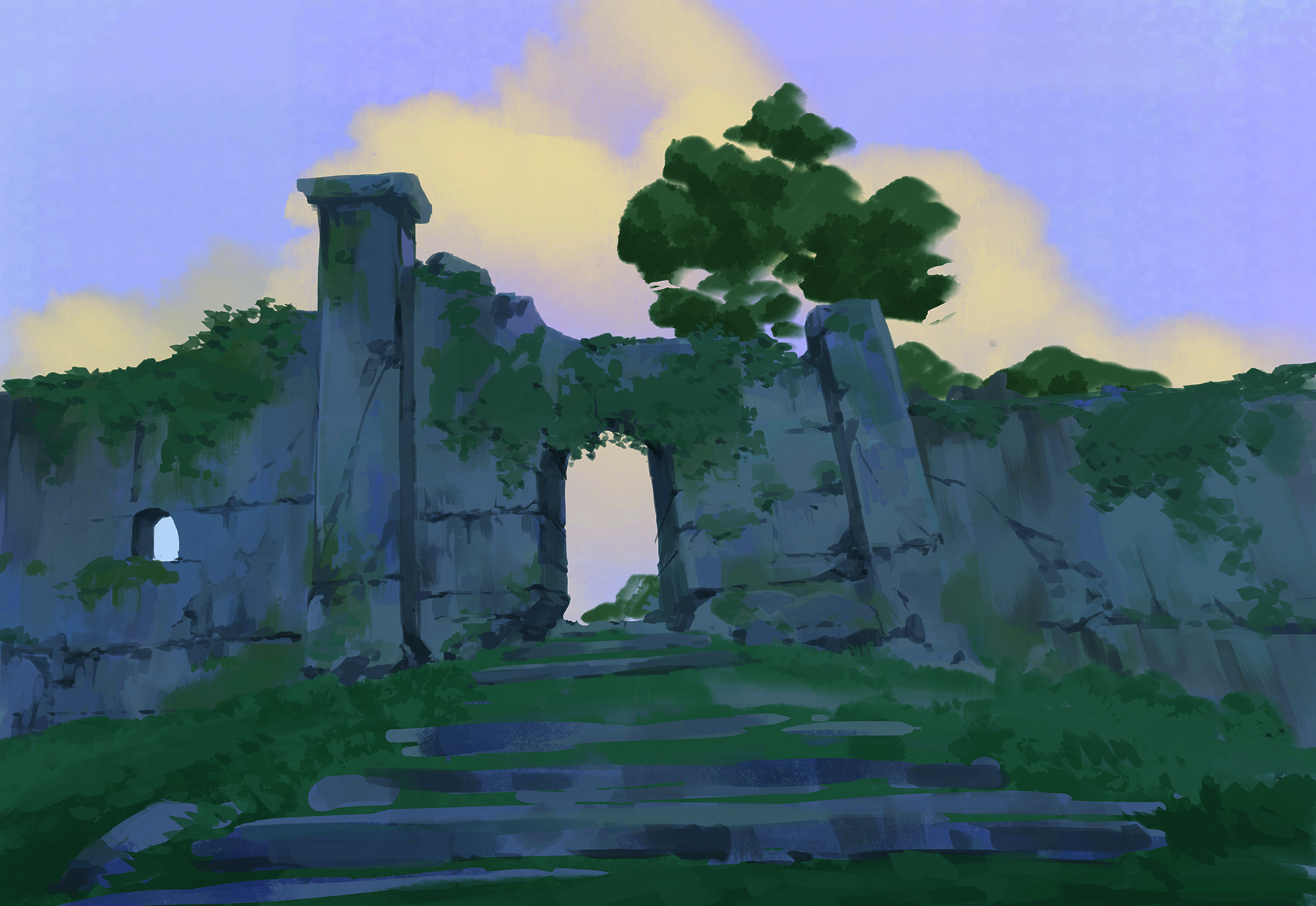 Digital art in progress from a matte painting tutorial
