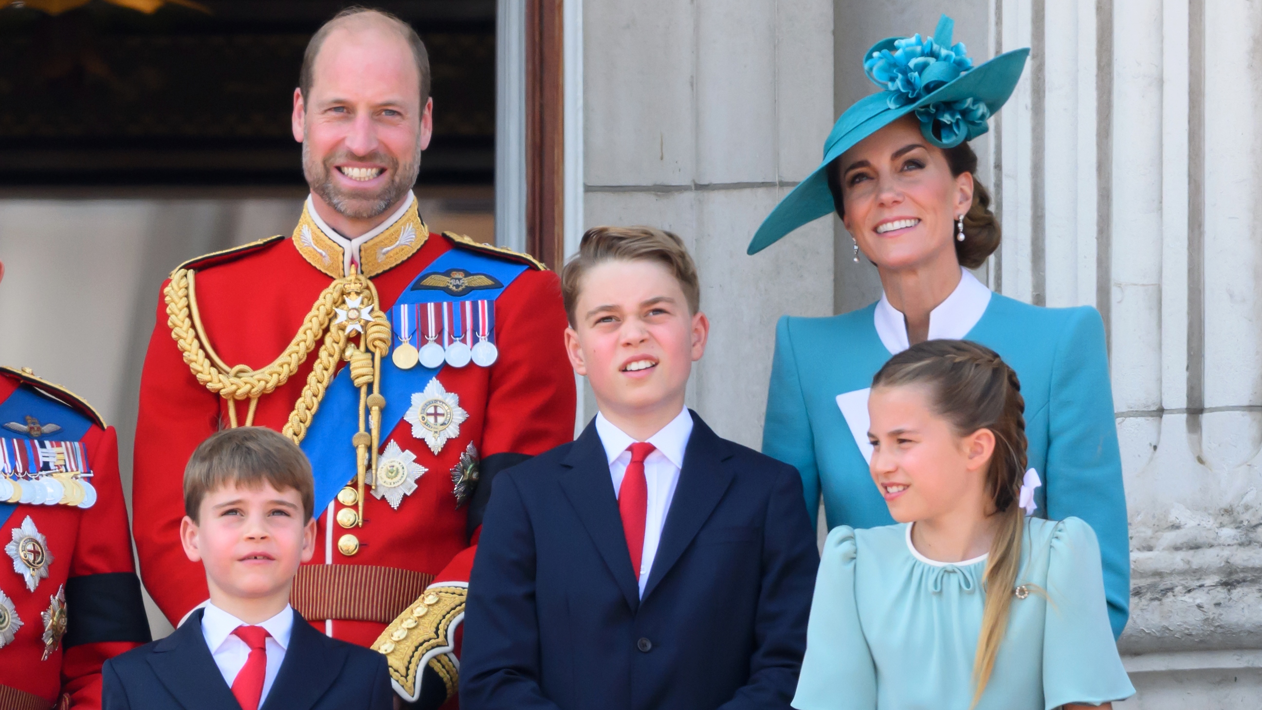 Prince Louis, Prince William, Prince George, Catherine, Princess of Wales and Princess Charlotte smile on the balcony at Buckingham Palace during Trooping The Colour on June 14, 2025