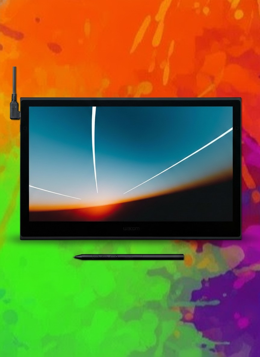 Black drawing tablets on colourful painted backgrounds