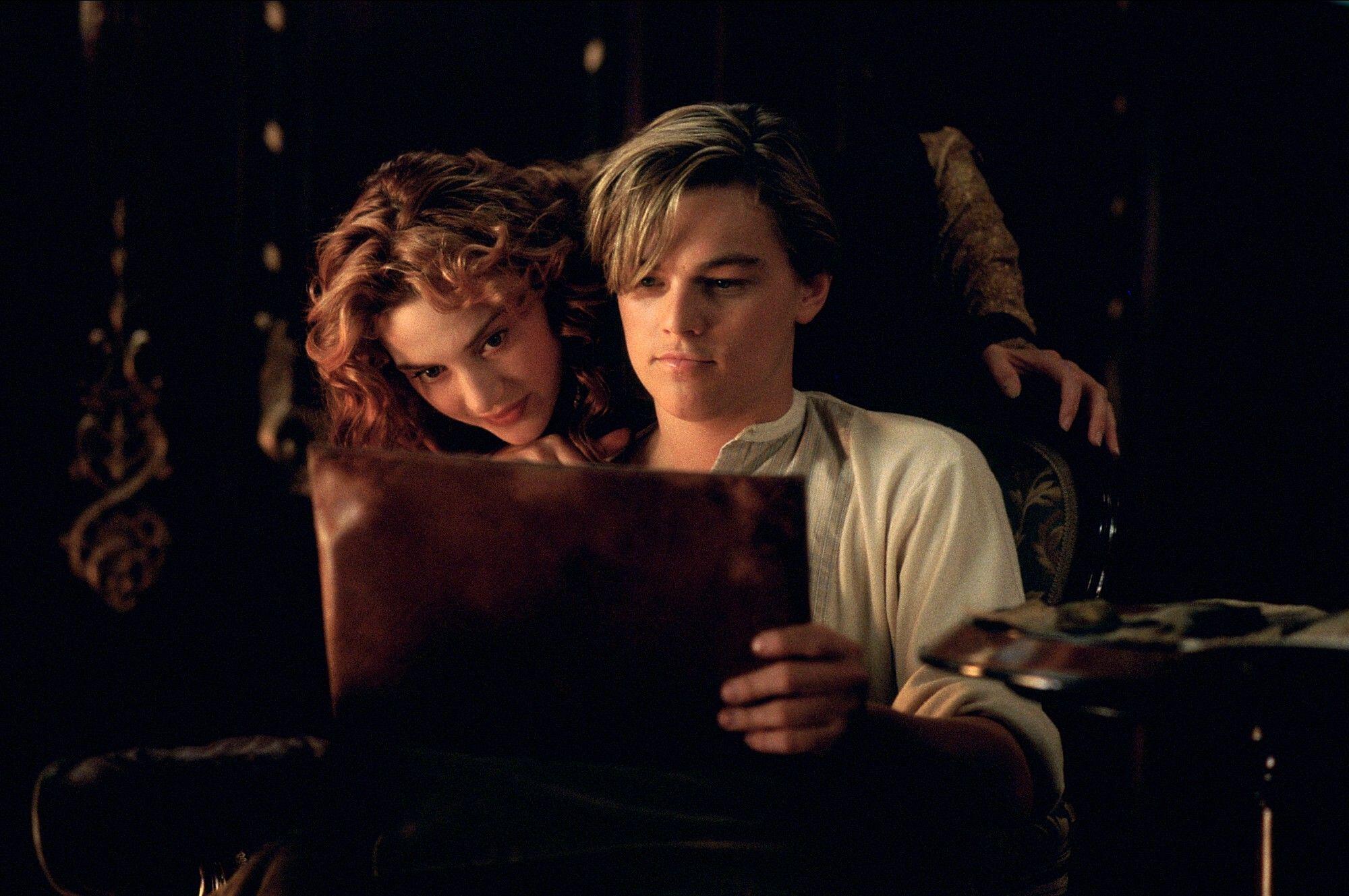 Kate Winslet and Leonardo DiCaprio as Rose and Jack in the film Titanic