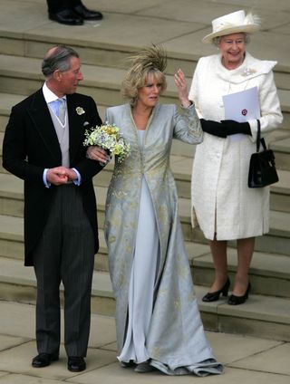 TRH Prince Charles, the Prince of Wales, his wife Camilla, the Duchess Of Cornwall, and his mother HM Queen Elizabeth II, The Queen, leave the Service of Prayer and Dedication following their marriage