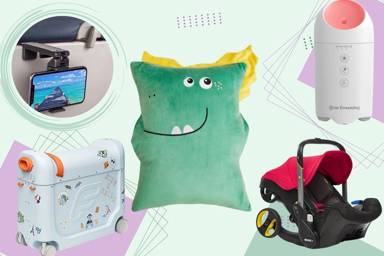 A collage of some of the items featured in our guide to the best travel accessories for kids