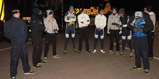 The Vacansoleil riders bundle up for their snowy adventure