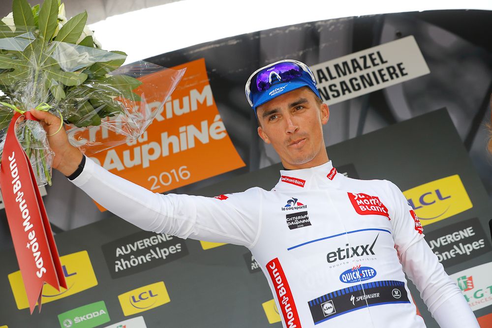 Julian Alaphilippe in the white jersey of the best young rider after stage 2 at the Criterium du Dauphine