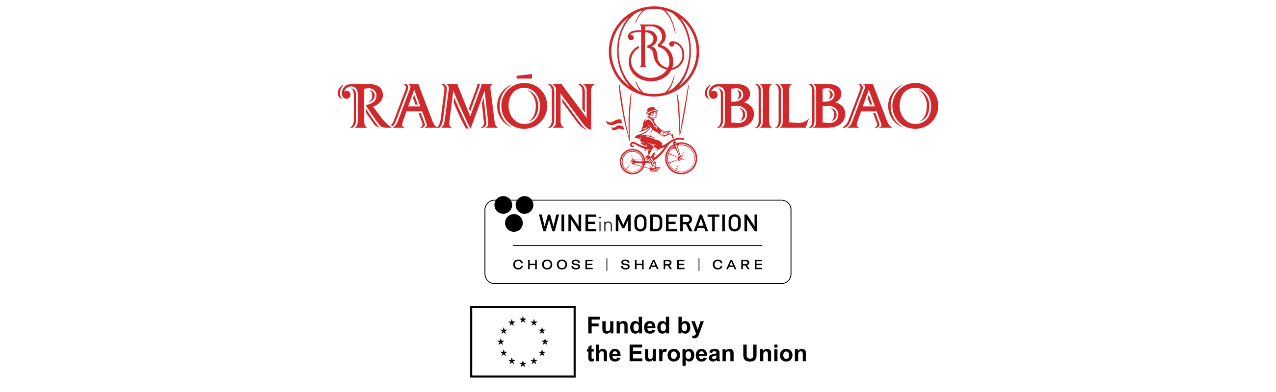 Ram&amp;oacute;n Bilbao logo in red, along with 'Wine in Moderation' and 'Funded by the European Union' logos in black underneath