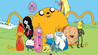 the cast of Adventure Time in a group image: (L to R) Flame Princess, Marceline, Lumpy Space Princess, Peppermint Butler, Jake the Dog, Princess Bubblegum, Tree Trunks, Jake, BMO, Ice King, Lady Rainicorn, Cinnamon Bun and Lemongrab