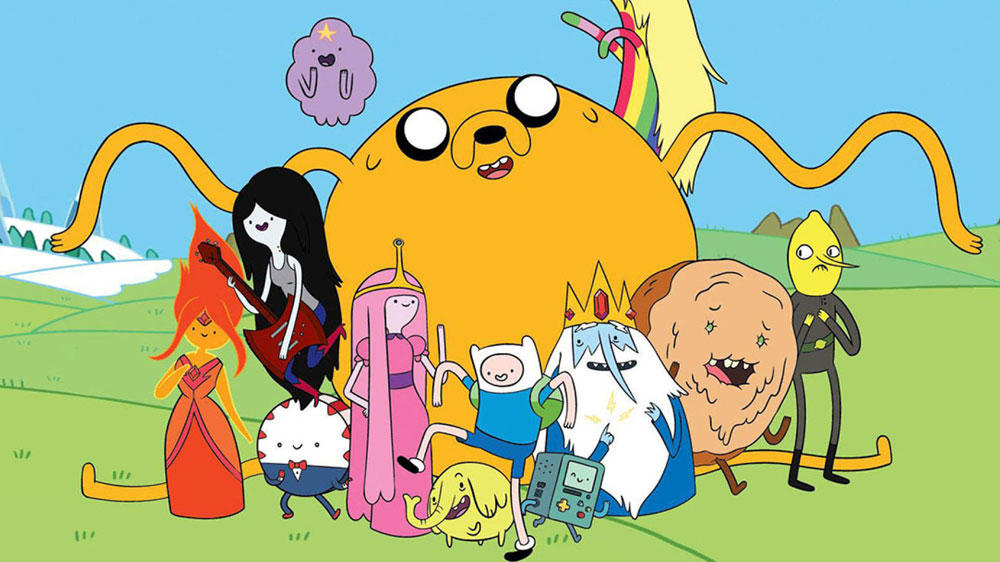 Adventure Time staff group photo: (from left to right) Flame Princess, Marceline, Lumpy Space Princess, Peppermint Butler, Jake the Dog, Princess Bubblegum, Tree Trunks, Jake, BMO, Ice King, Lady Rainicorn, Cinnamon Bun, Lemongrass