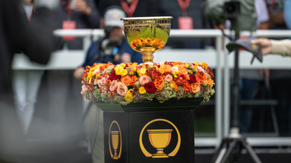 The Presidents Cup on a table by the first tee box