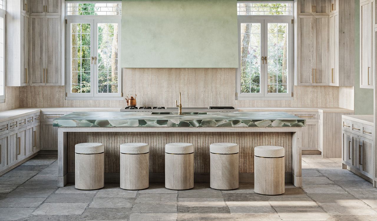 A kitchen with fluting on the island and backsplash